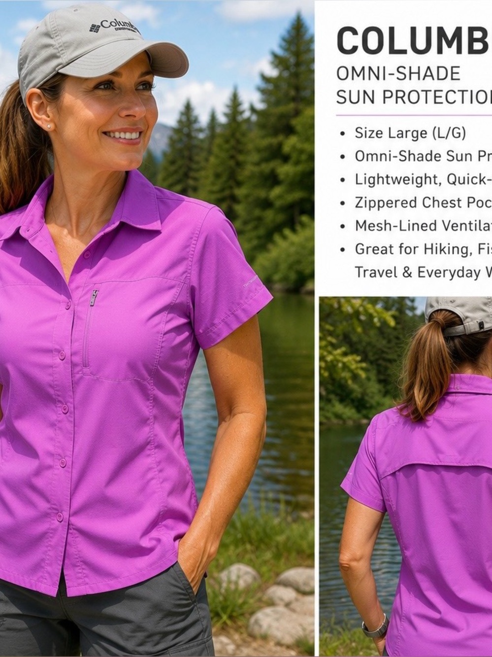 Columbia Omni-Shade Sun Protection Short Sleeve Hiking Fishing Shirt L Magenta